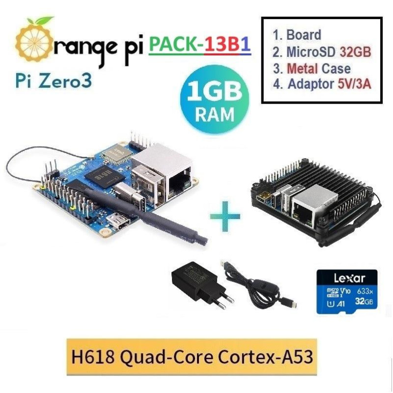 PACK-13B1  Orange Pi Zero 3 (1GB)  CASE  MicroSD  Adaptor